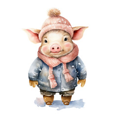 Schwein Winteroutfit Niedliche Schweinillustration Aquarell Tierbild Kinderzimmer Wandkunst Wintermotiv Tier in Menschenkleidung