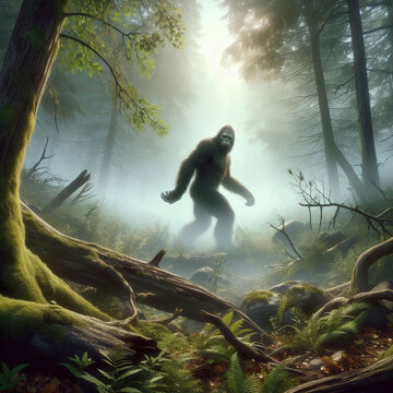 A dark scary concept. Of a mysterious bigfoot figure, walking through a forest. Silhouetted against trees in a forest. With a grunge, textured edit.