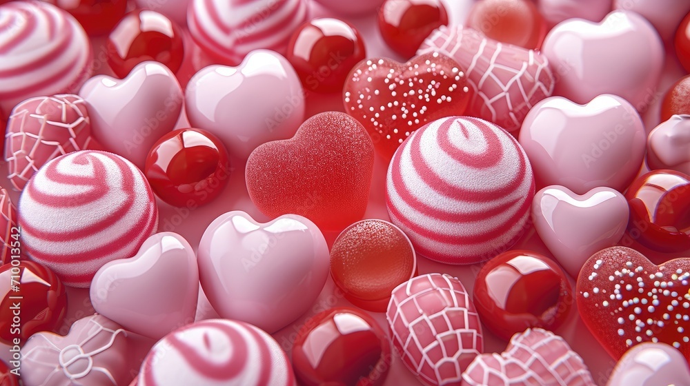 Poster illustration, background full of red and pink candies with different sizes, sharp focus. generative 