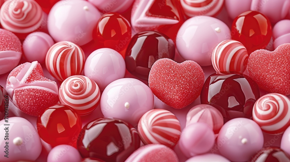 Poster illustration, background full of red and pink candies with different sizes, sharp focus. generative 
