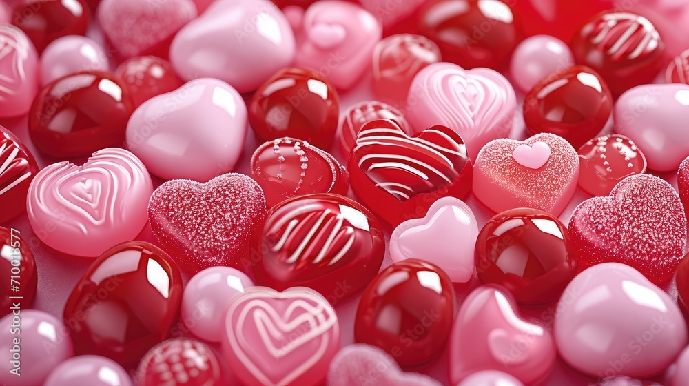 Poster illustration, background full of red and pink candies with different sizes, sharp focus. generative 