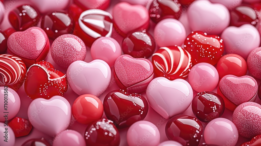 Aufkleber illustration, background full of red and pink candies with different sizes, sharp focus. generative 