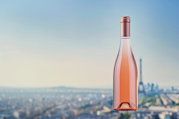 A bottle of wine, against the background of the Eiffel Tower in pastel colors, a romantic story. With a place for the text. Promotional photo.
