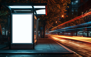 Empty white vertical digital billboard poster on city street bus stop sign in night. Mockup of street advertising bus stop Offer or advertise in public area with blank, clean screen or sign mockup. - obrazy, fototapety, plakaty