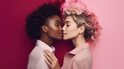 joyful multicultural lgbtq romantic lesbian couple kissing with eyes closed on red and pink background, Valentines day, generative ai - obrazy, fototapety, plakaty