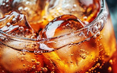 Close-up of carbonated cola drink with bubbles and ice in glass. Background of fizzing cold drink.
