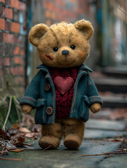 Abandoned Cute teddy bear with scar and a red heart on his sweater, standing alone and dirty in the street, Saint Valentine theme, AI-generated