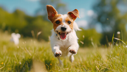 Happy Jack Russell Terrier Dog Running and Jumping in Playful Joy  - obrazy, fototapety, plakaty