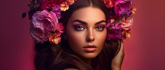 Amazing Gorgeous Beautiful Girl portrait, with pink and orange roses in her hair, Beauty Model Woman Face, Perfect Skin, big blue shining eyes, Professional Make-up, Fashion Art