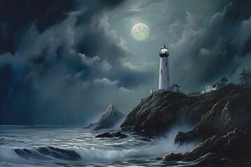 A moonlit lighthouse painting. Generative AI - obrazy, fototapety, plakaty