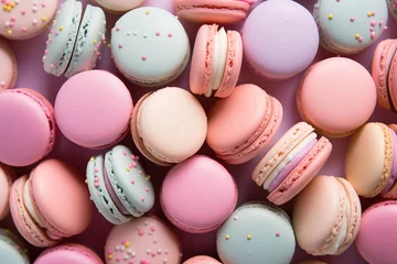 Foto op Plexiglas Macarons Pastel macaron on light pink background or dessert cake macaron, Top view, generative ai