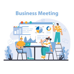 Business meeting concept. Professional team analyzing data and performance metrics. Strategic planning and collaborative discussions. Flat vector illustration.