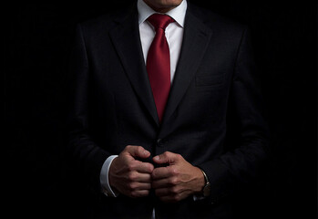 A business man with a black suit and a red tie over a white shirt