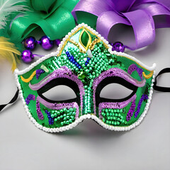 Mardi Gras sequin mask with necklace beads and feathers
