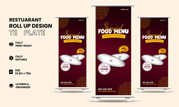 Food rollup banner design for restaurant. creative food roll up banner template, modern food rollup banner