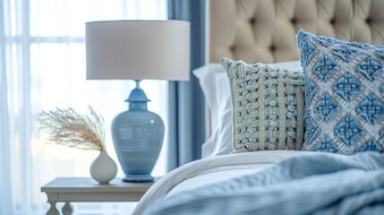 Dreamy Serenity, A Captivating Bed Adorned With an Ethereal Blue and White Comforter and Pillows