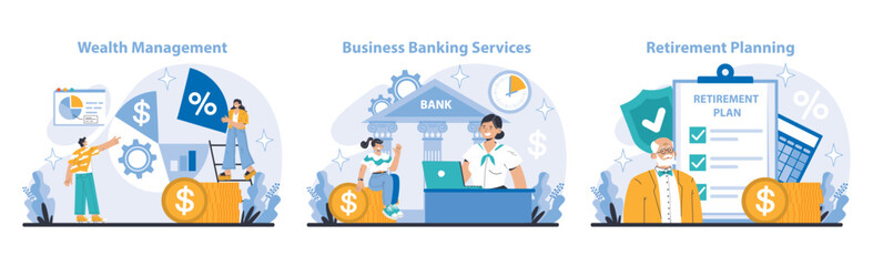 Core Banking Service suite. Guiding wealth management, business banking, and retirement preparation. Strategic financial lifecycle support. Flat vector illustration. - obrazy, fototapety, plakaty