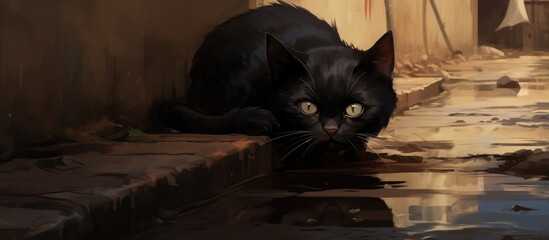 A playful black cat scratches a sandbag near a drain.