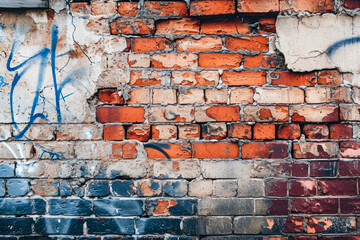brick wall with graffiti and cracks
