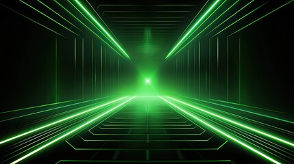 Fototapeta premium Abstract neon light geometric background. Glowing neon lines. Empty futuristic stage laser. Green rectangular laser lines. Square tunnel. Night club empty room.