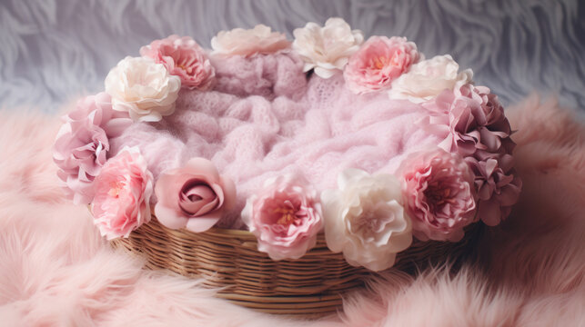 Fluffy blanket with pink flowers, newborn photography accessories 
