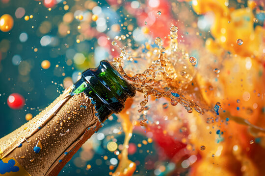 champagne bottle with a cork popping out, in the style of abstract, with splashes of paint and shapes