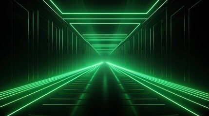 Abstract neon light geometric background. Glowing neon lines. Empty futuristic stage laser. Green rectangular laser lines. Square tunnel. Night club empty room. - obrazy, fototapety, plakaty