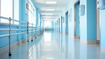 Modern hospital corridor with long exposure effect and blurred people in light blue and white tones