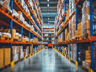 Retail warehouse full of shelves with goods in cartons, with pallets and forklifts. Logistics and transportation blurred background