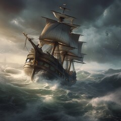Beautiful sailing sailboat ship on stormy sea bad weather wallpaper AI Generated art - obrazy, fototapety, plakaty