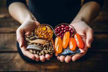 Woman s hand holding a vibrant array of food supplements for a healthy and balanced life - obrazy, fototapety, plakaty