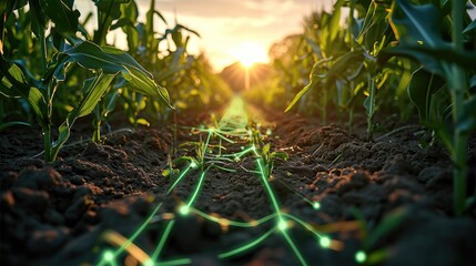 Fototapeta premium Corn field with holographic data and technology, Agricultural technologies on the farm. Generative AI.