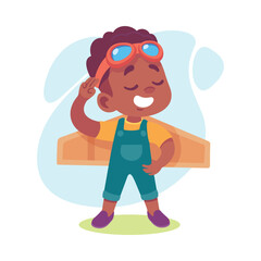 Joyful Boy Dream of Flying Play Cardboard Plane Toy Vector Illustration