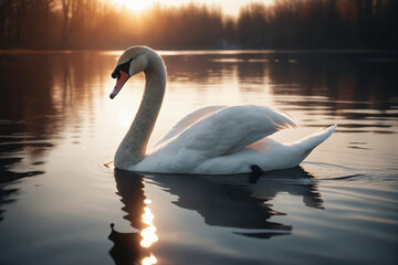 Fototapeta premium Swan on water, cinematic light