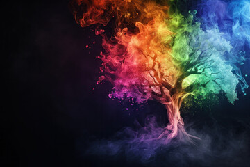 Tree life made of colourful smoke on a black background, family concept 