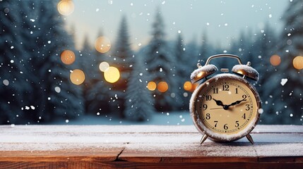 Alarm clock and snow on wooden table. winter time