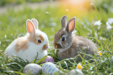 Fototapeta na wymiar Two rabbits in the spring garden, springtime banner 