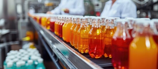 Female worker inspects bottled fruit juice on beverage factory conveyor belt for quality control. - obrazy, fototapety, plakaty