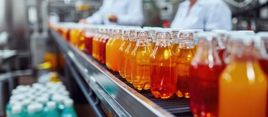 Foto op Plexiglas Female worker inspects bottled fruit juice on beverage factory conveyor belt for quality control. © AkuAku