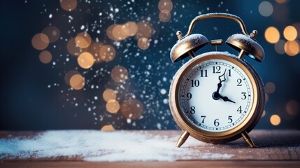 Obraz na płótnie Canvas Alarm clock and snow on wooden table. winter time
