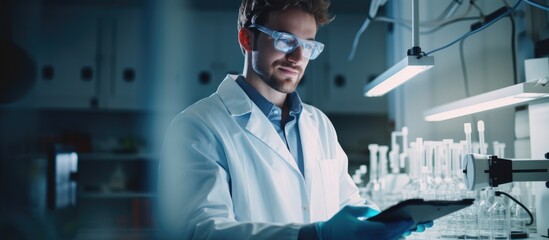 Smiling young caucasian scientist happily holding samples at laboratory - obrazy, fototapety, plakaty