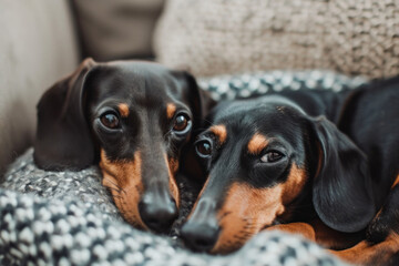 close up of two cute dachshunds on the coach 