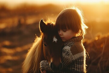 Heartwarming Embrace Between Child and Pony at Sunset