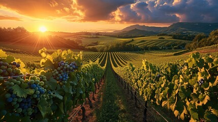 A panoramic view of a lush vineyard at sunset. Generative AI. - obrazy, fototapety, plakaty