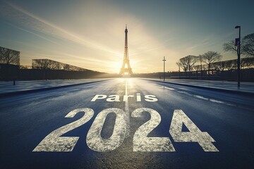 Dramatic Sunrise Behind the Eiffel Tower with 'Paris 2024' Emblazoned on the Ground - obrazy, fototapety, plakaty