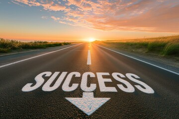 Inspirational Highway with Sunset and 'SUCCESS' Text