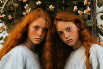 Two reddish haired women in the garden 