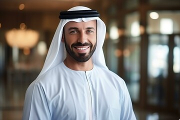 Fototapeta na wymiar Portrait of a Smiling Man in Traditional Emirati Attire