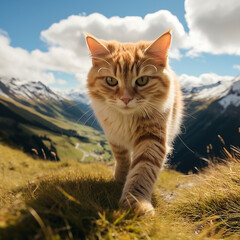 Obraz premium Ginger cat on the background of mountains and blue sky with clouds. Cat traveler