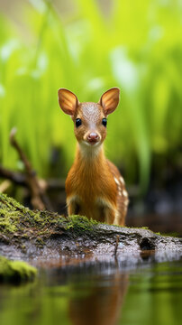 Little baby sika deer in the nature. A graceful mouse deer
